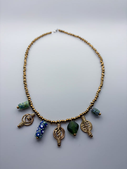 Recycled Glass and Brass Bead Charm Necklace