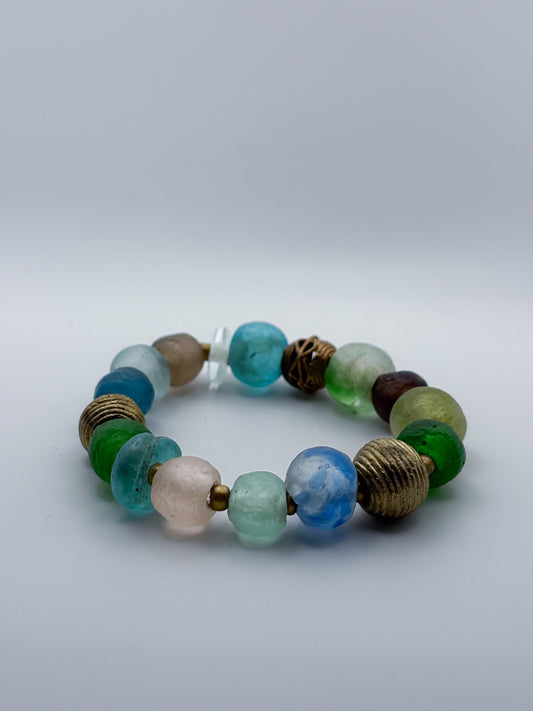 Recycled Glass Bead and Brass Bracelet