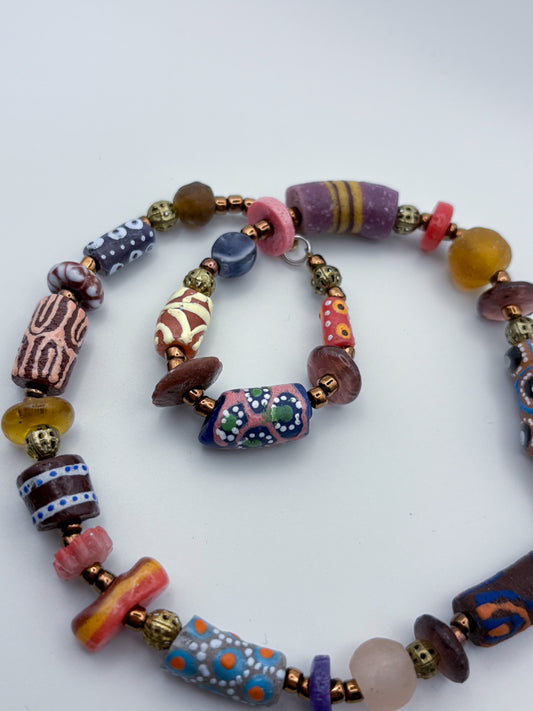 Hand Painted Glass Bead Necklace with Pendant