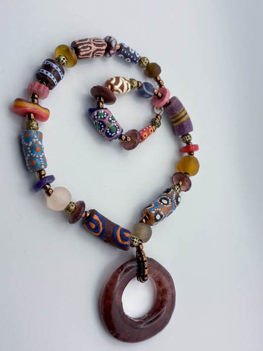Hand Painted Glass Bead Necklace with Pendant