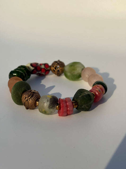 Recycled Glass and Brass Bead Bracelet - Vacation Edit