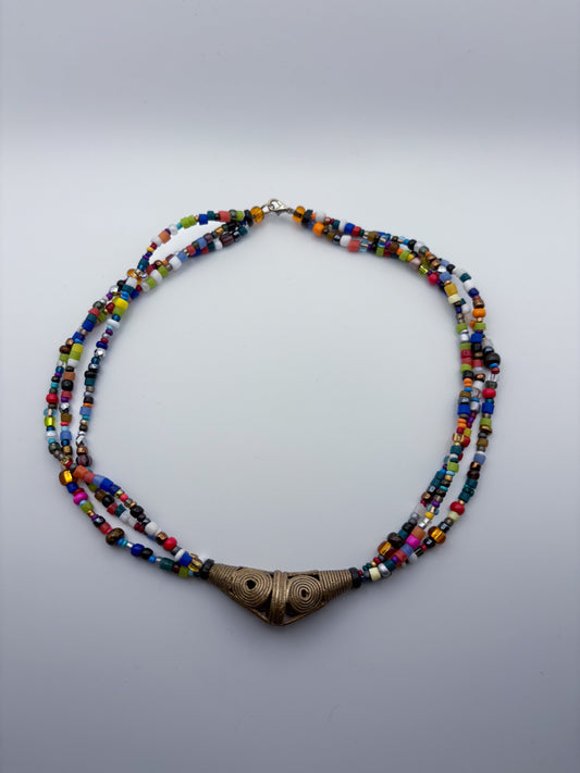 Brass and Seed Bead Charm Necklace
