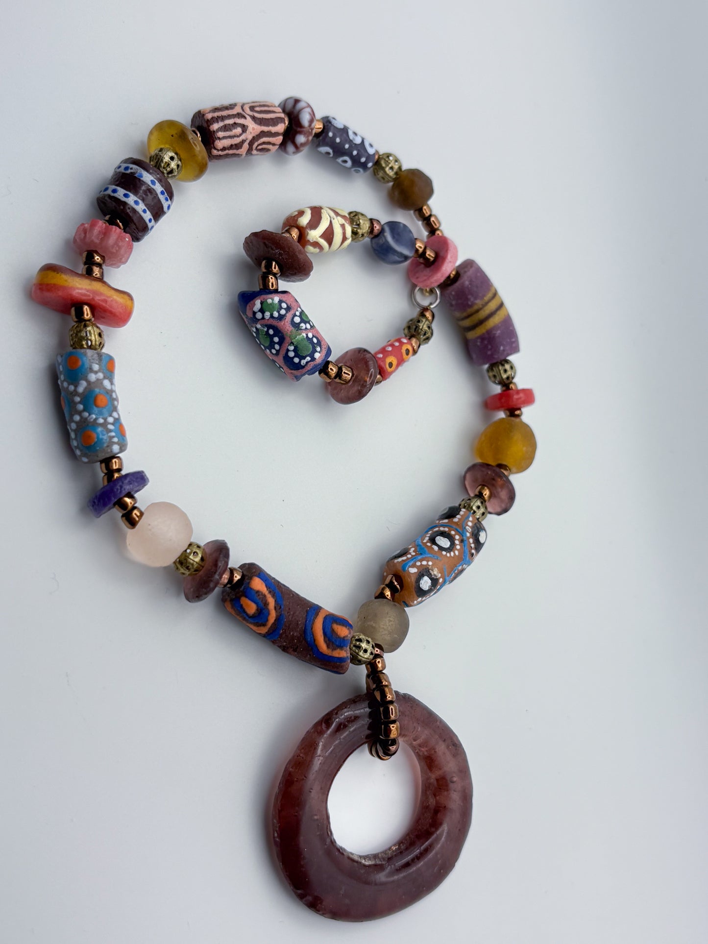 Hand Painted Glass Bead Necklace with Pendant